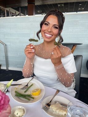 NADINE MERABI White Pearl-Embellished Wedding Dress